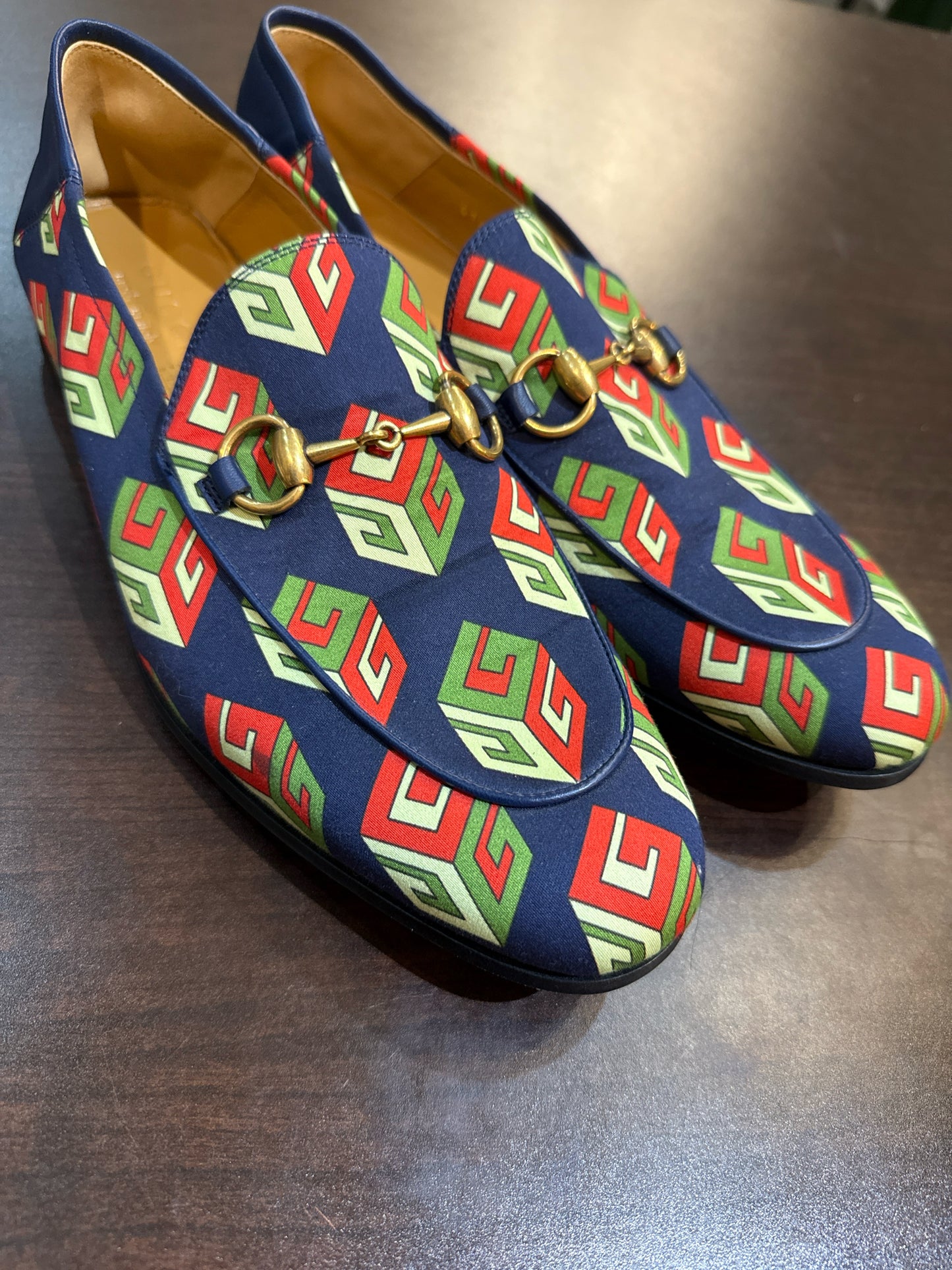 Gucci Brixton GG Blue Satin Print Shoe Sz 8 Men's Loafers NWT Pre-owned