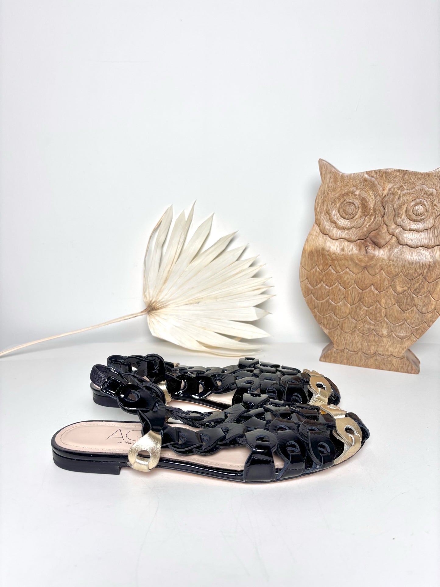 W Shoe Size 37.5 (7.5) AGL Black, Gold Leather Patent Sandals