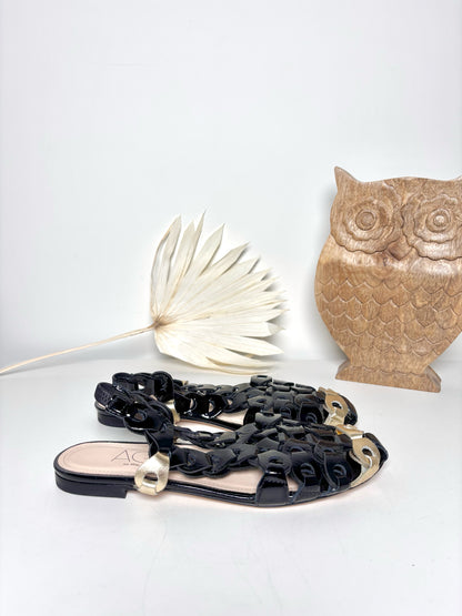 W Shoe Size 37.5 (7.5) AGL Black, Gold Leather Patent Sandals