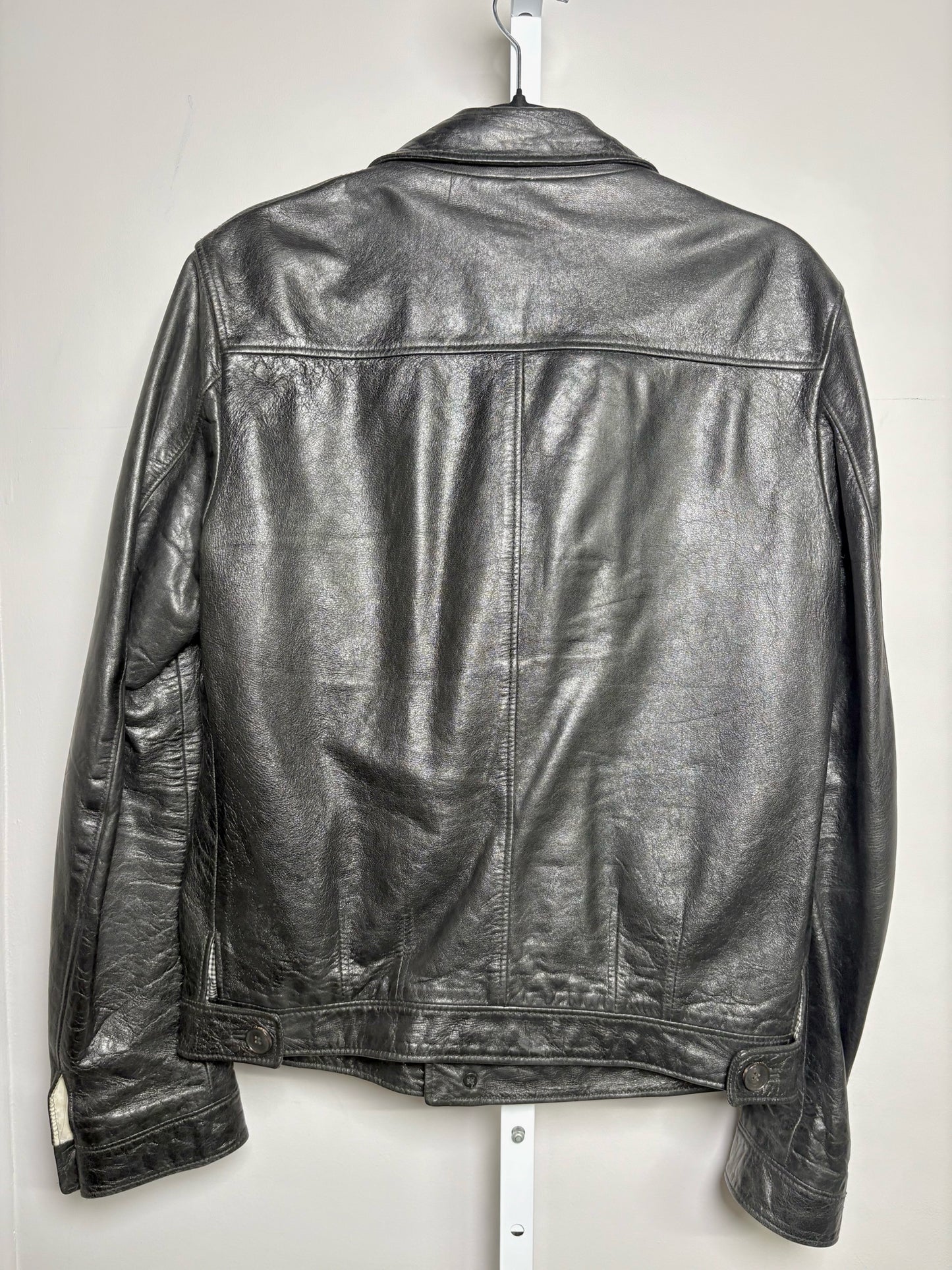 Gucci Black Leather Solid Men's 48 Button Down Plaid Lining Jacket
