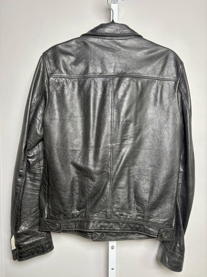 Gucci Black Leather Solid Men's 48 Button Down Plaid Lining Jacket
