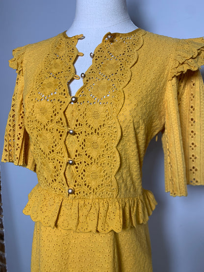 Women Size S Saylor Mustard Yellow Eyelet Dress