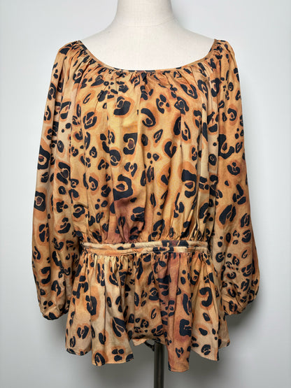 Women Size 16 Mara Hoffman Brown, Black Cheetah Animal Tencel NWT Blouse