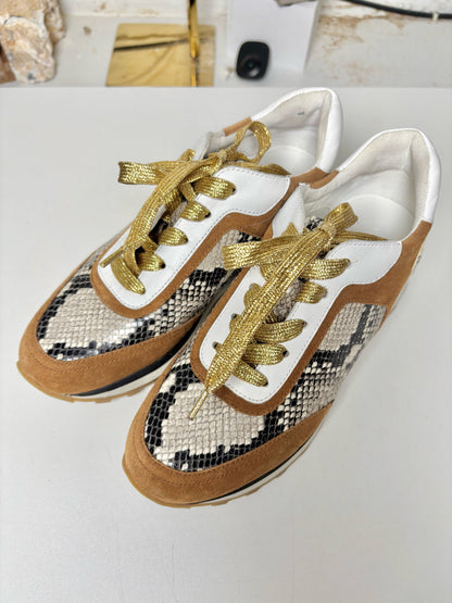 W Shoe Size 6 Veronica Beard Tan, white, black Suede Snake Skin Sneakers