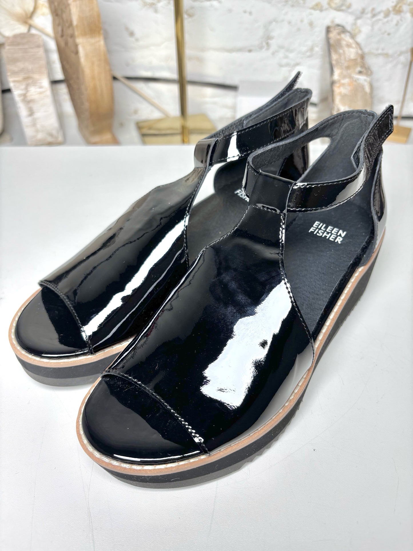 W Shoe Size 7.5 Eileen Fisher Black Leather Patent NWOT Wedges