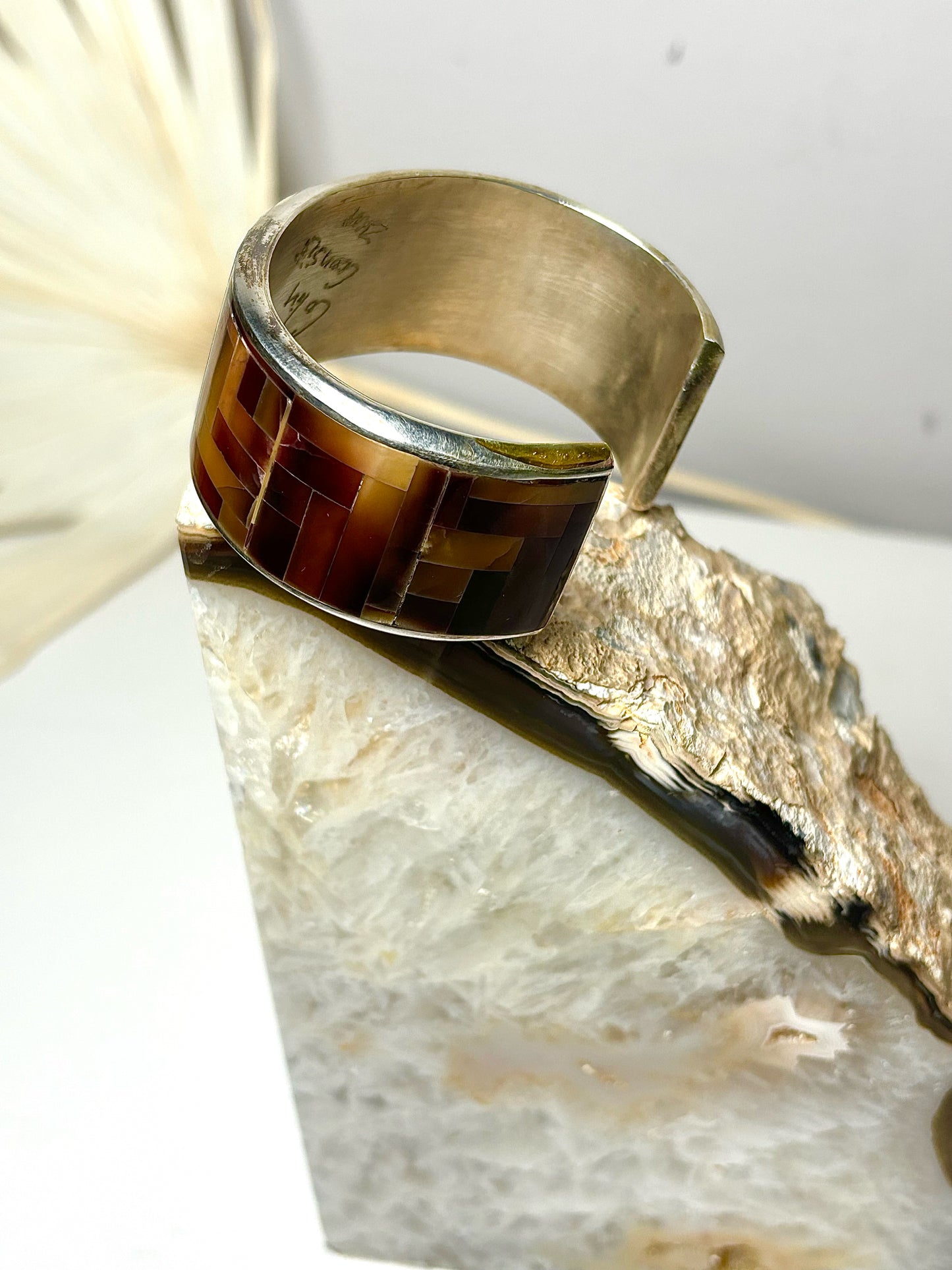 Brown Colin Coonsis Inlay Tiger Eye Sterling Silver 925 Cuff Bracelet