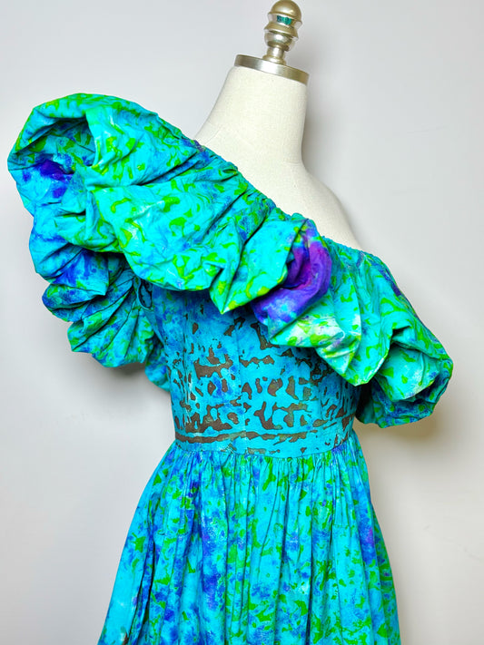 Women Size XL SIKA Blue, Green Print Cotton One Shoulder Dress