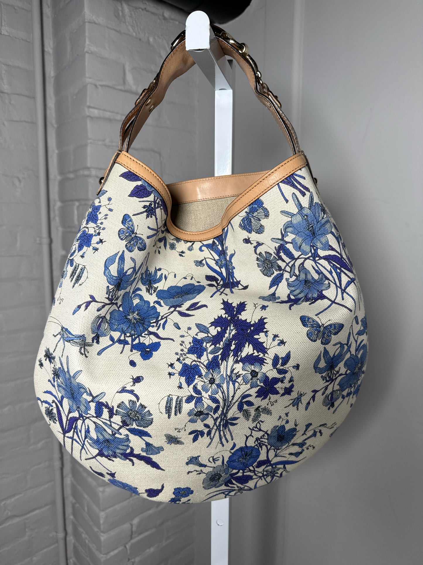 Gucci Flora Wave Horsebit Canvas, Leather Bag