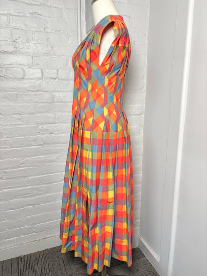 Women Size 2 Tory Burch Orange, Mustard, Green, Blue & Plum Plaid Cotton Dress
