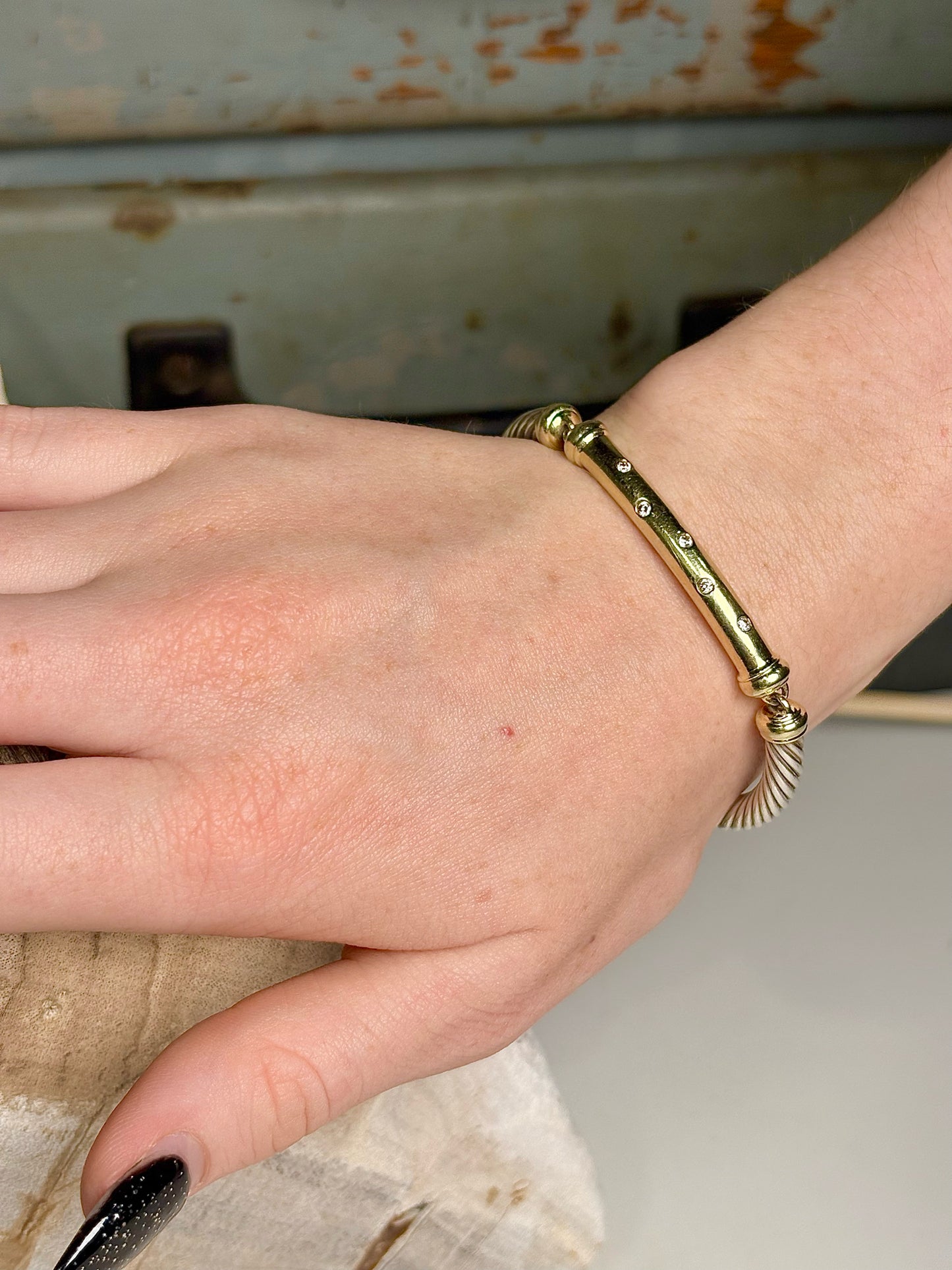 David Yurman Cable Twist, Diamond Bar 14K Gold Bracelet