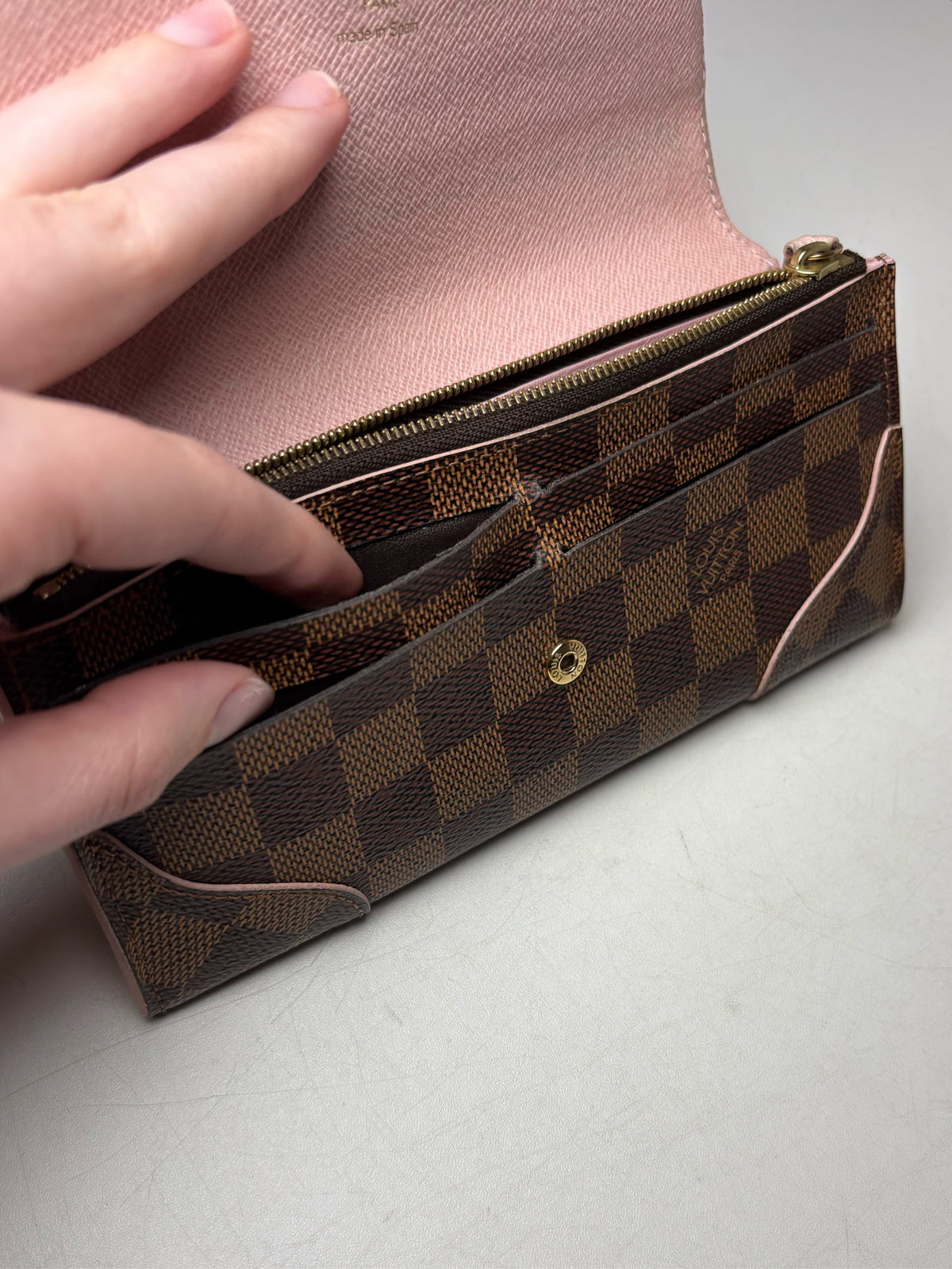 Women's Louis Vuitton Damier Ebene Caissa Rose Pink Brown Coated Canvas 2016 Pre-Owned Wallet