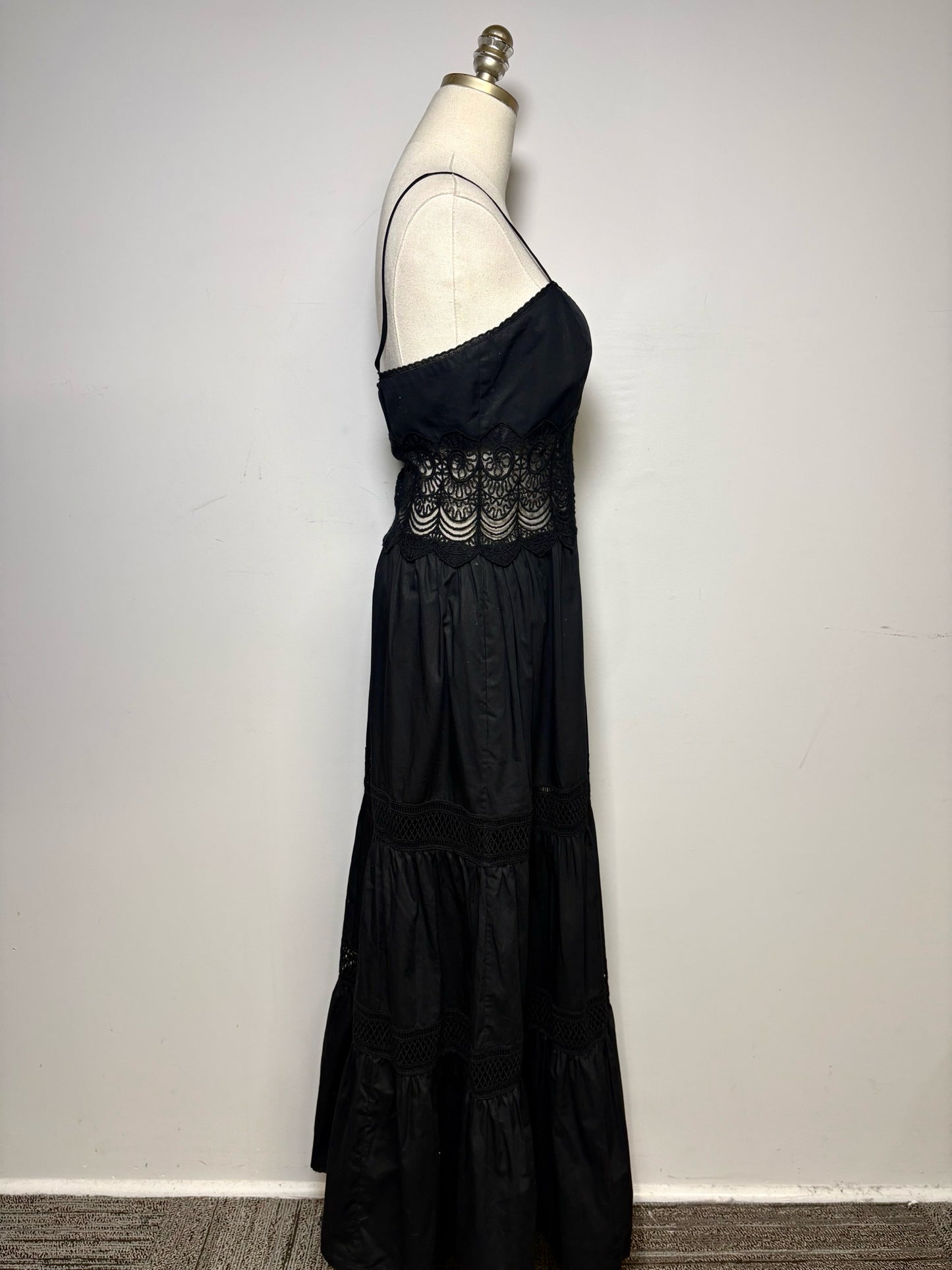 Women Size L Loretta Caponi Firenze Black Pure Cotton with Lace Pre-Owned Midi Dress