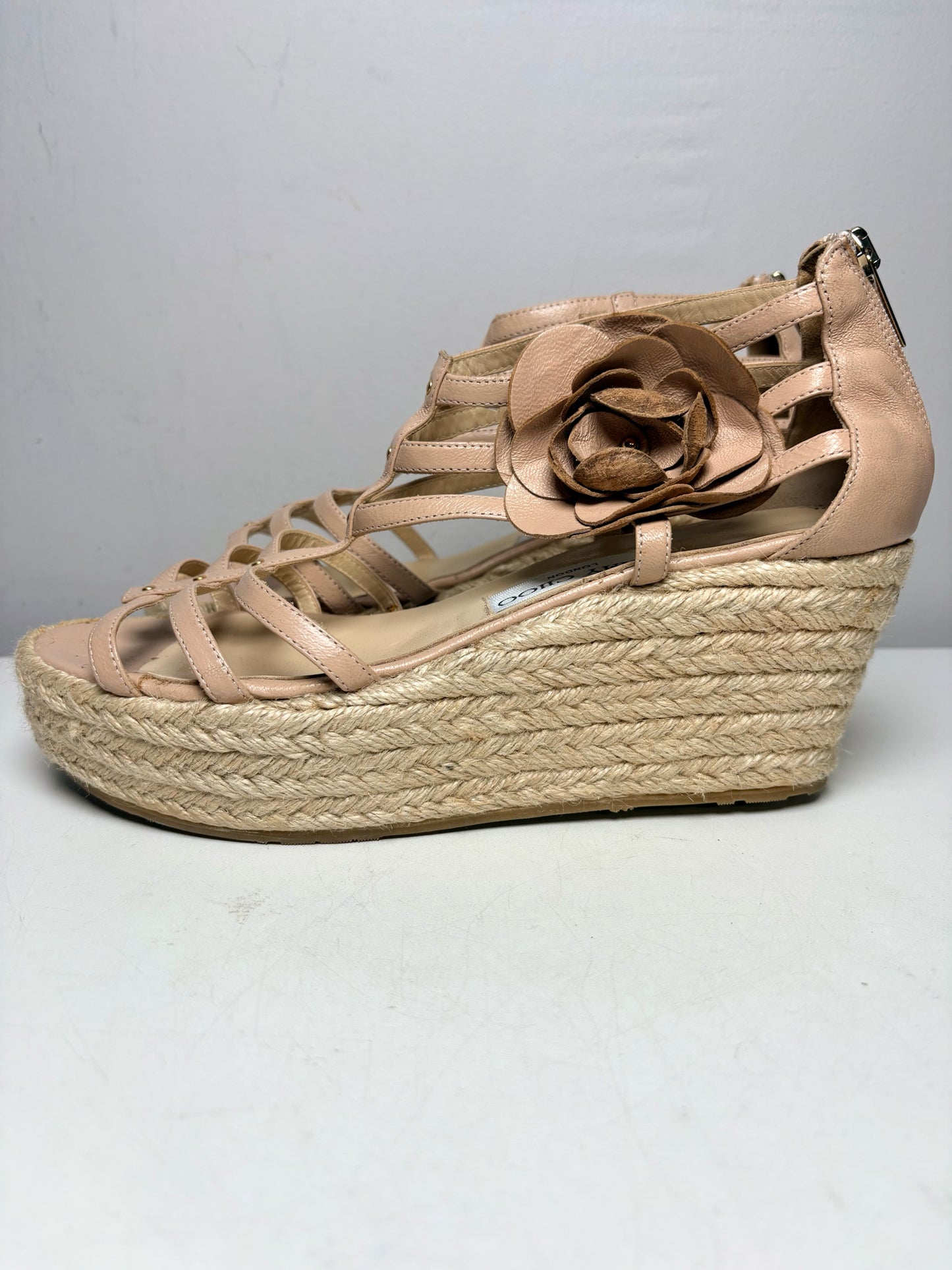 Women's Shoe Size 39 Jimmy Choo Pulse Cage Beige Leather Rare Pre-Owned Espadrille Wedge Sandals