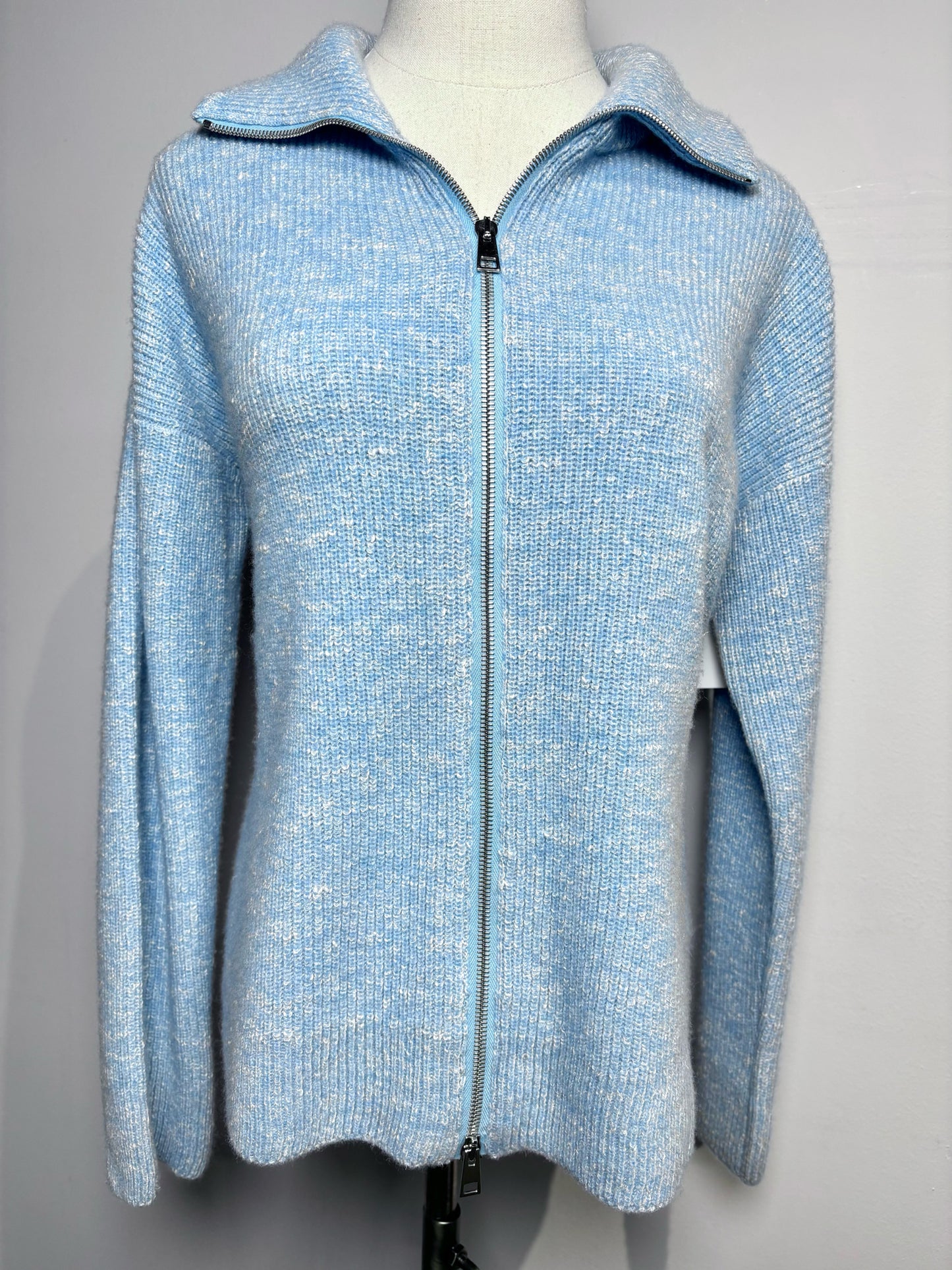 Women Size 44 (10, US) Amina Rubinacci Sky Blue Zip Wool, Silk Sweater
