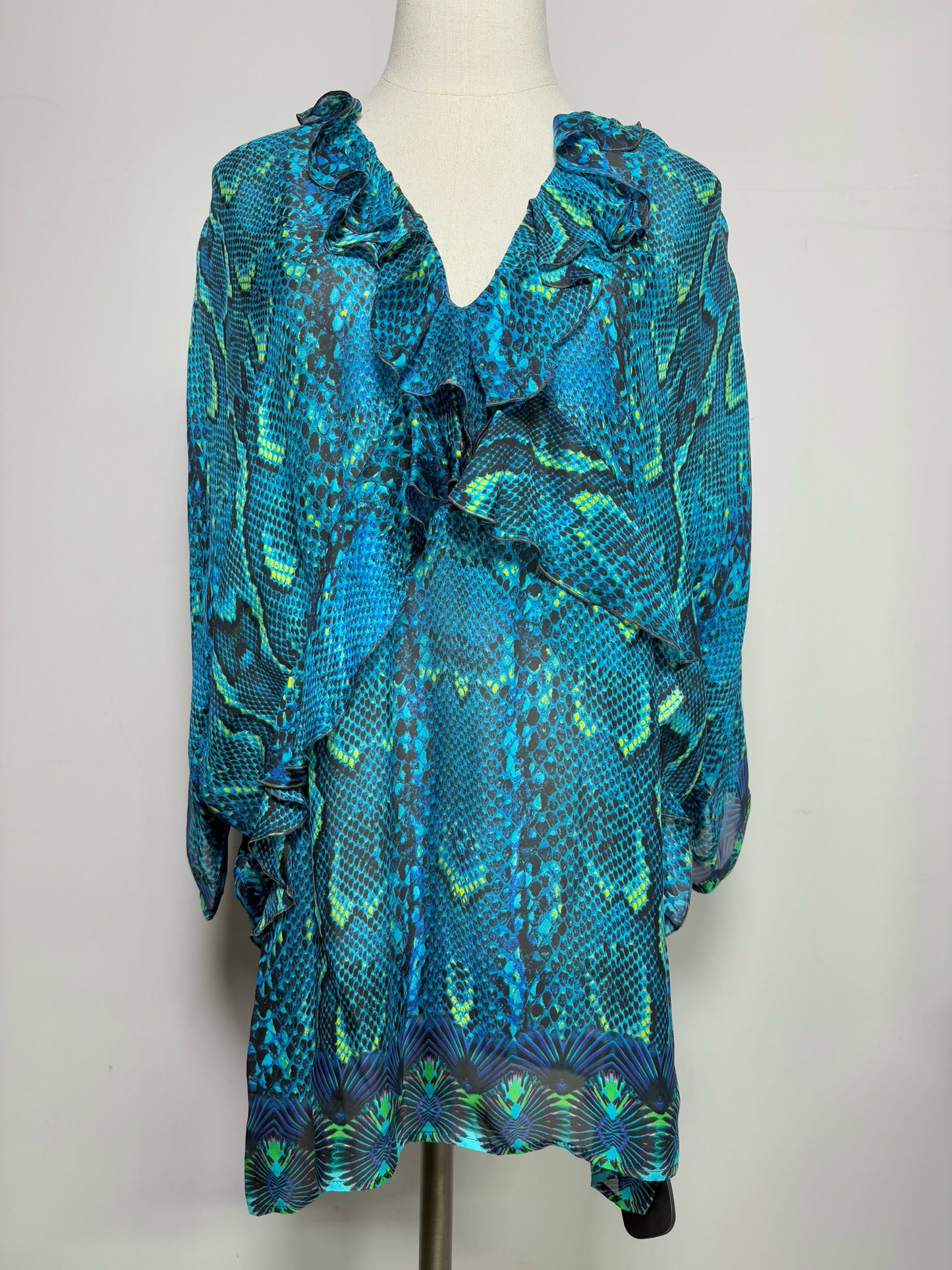 Women Size 48 (10, US) Roberto Cavalli Turquoise Snakeskin Print Blouse