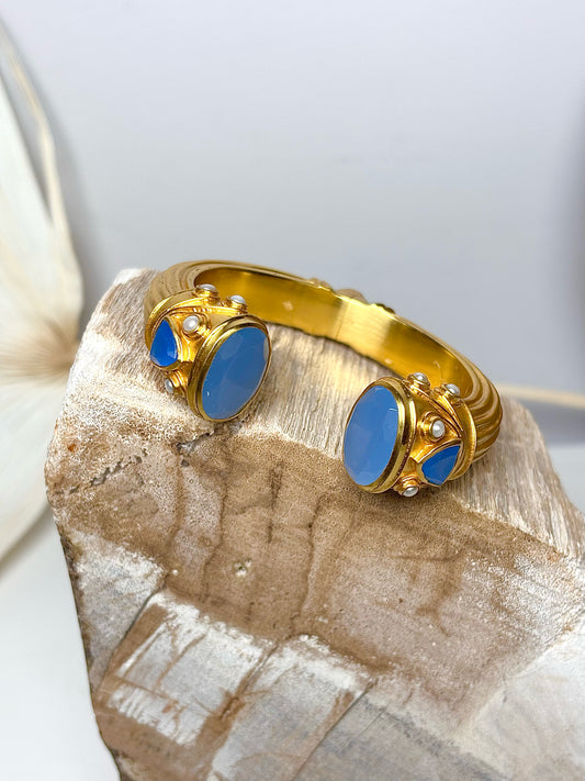 Gold Julie Vos 24K plated Cuff Blue Stone, Pearl Bracelet