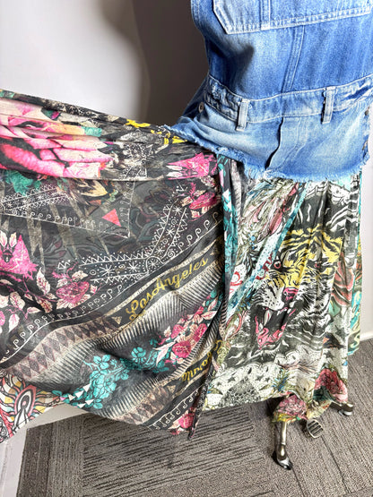 Women Size S (Estimate) Rude Riders Denim w/Multi-Print Solid w/Print Dress