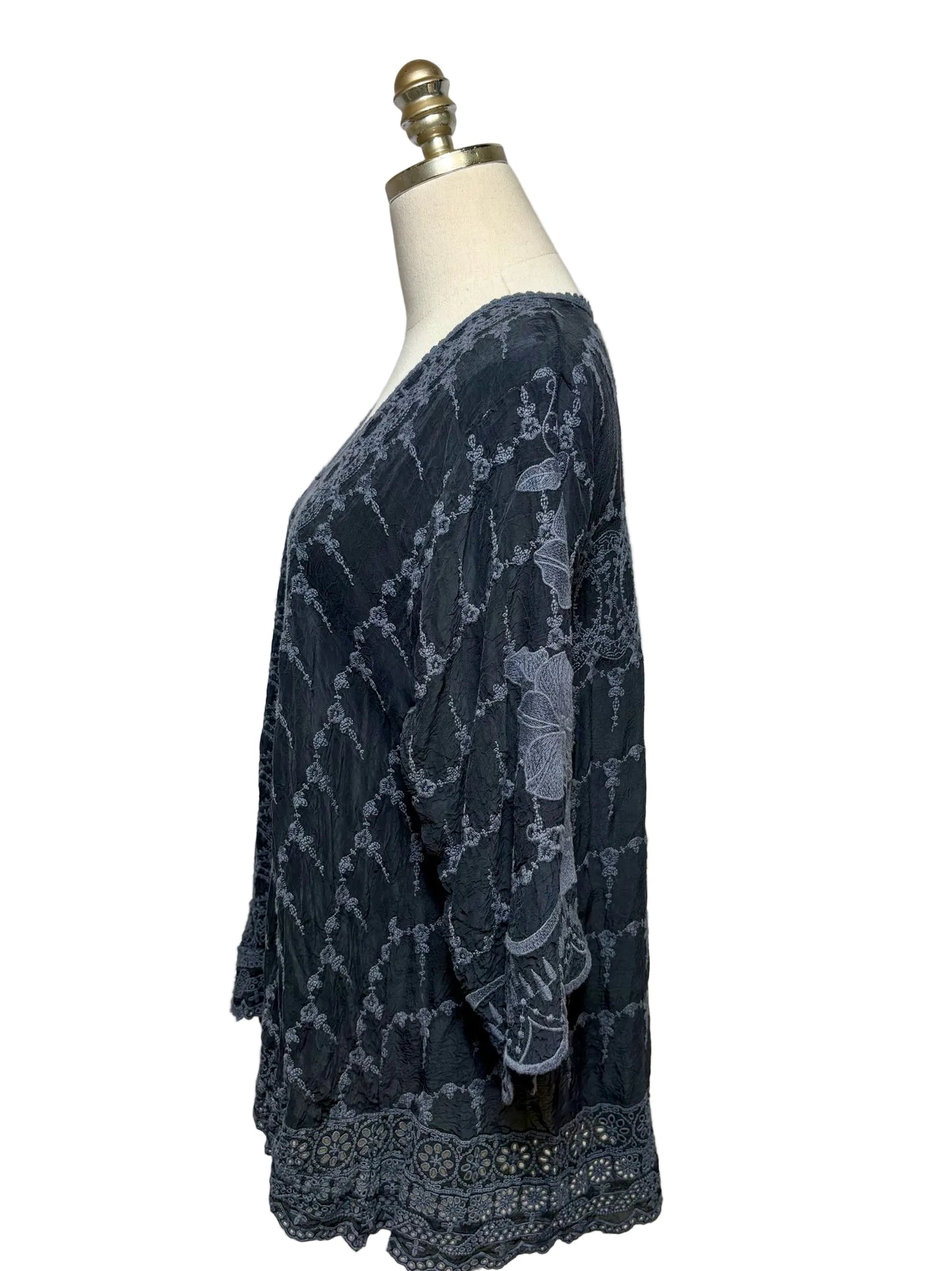Women Size S Johnny Was Black & Charcoal Embroidered Pure Cupra Pre-Owned Tunic Top