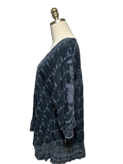 Women Size S Johnny Was Black & Charcoal Embroidered Pure Cupra Pre-Owned Tunic Top