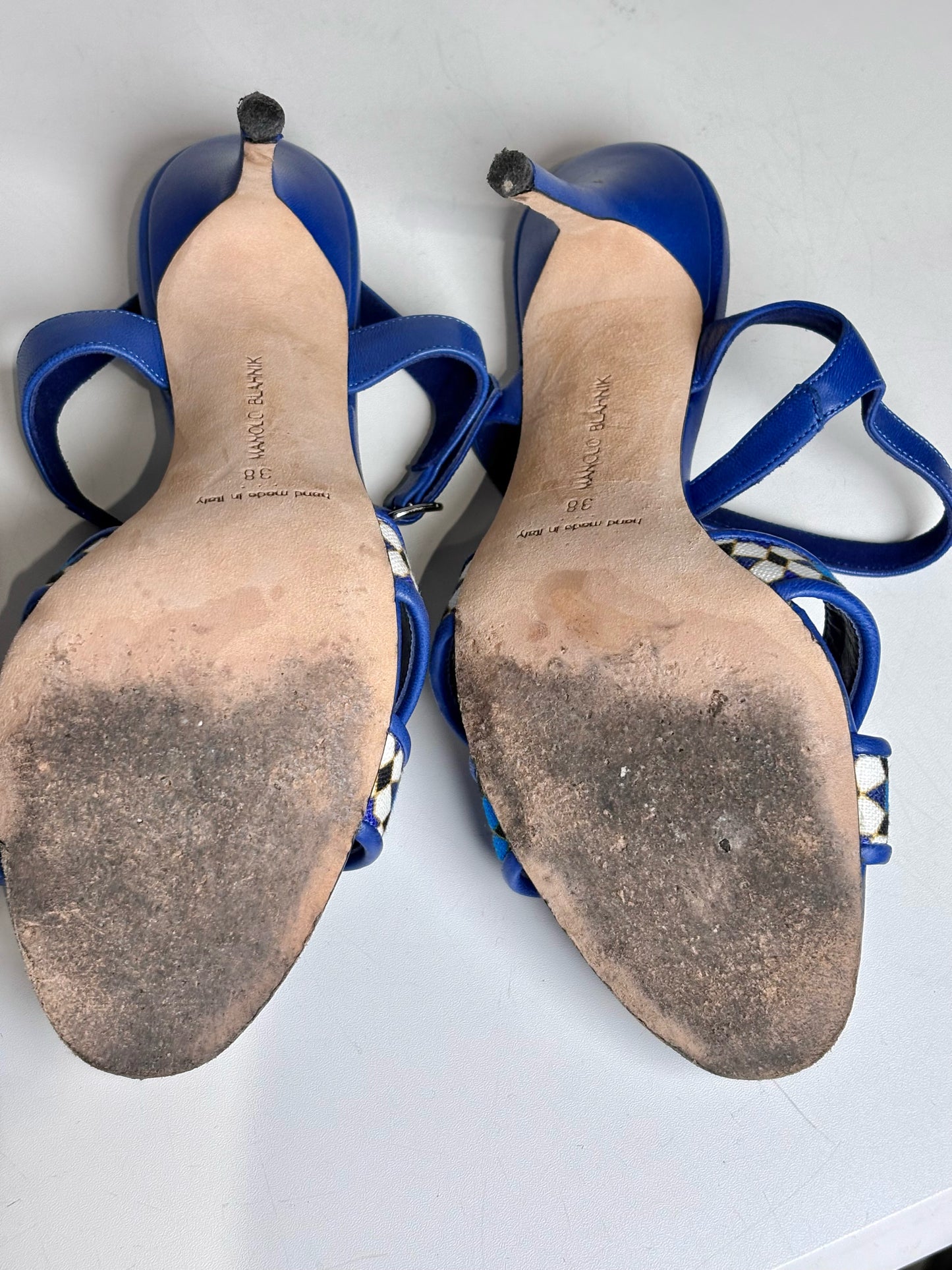 W Shoe Size 38 (8 US) Manolo Blahnik Talitha Blue Leather, Canvas Women's Heels