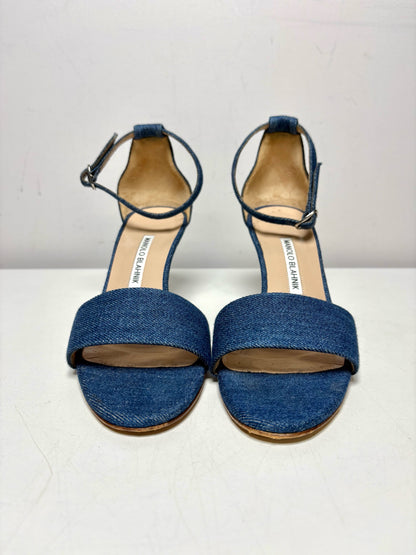 W Shoe Size 38 (8 US) Manolo Blahnik Wedge Heel Blue Cotton Pre-owned Sandals