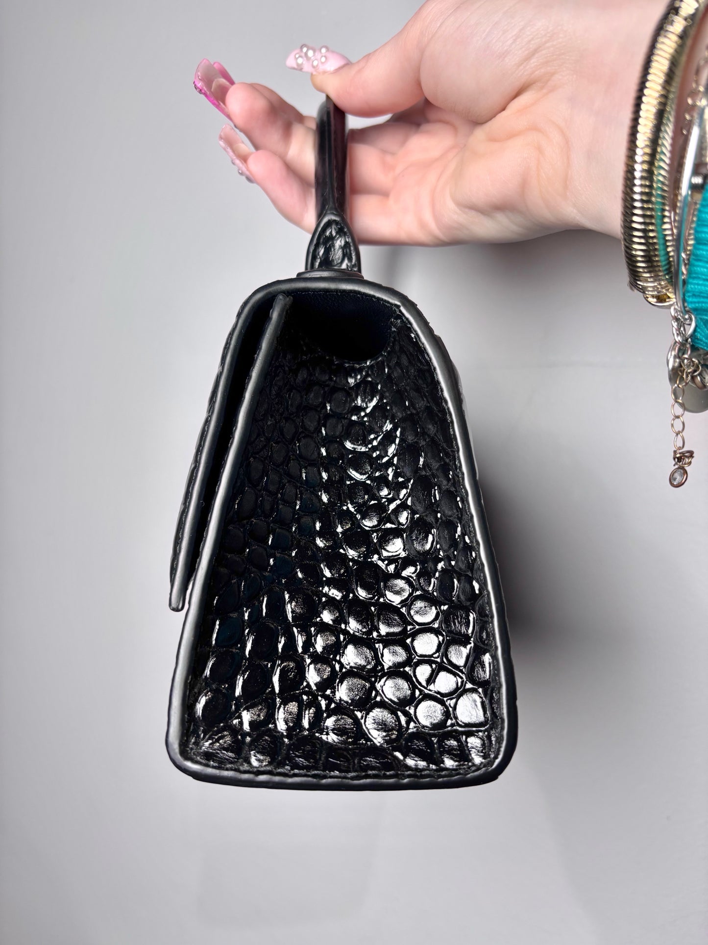 Balenciaga Hourglass Handbag Croc Embossed Black Mini Purse