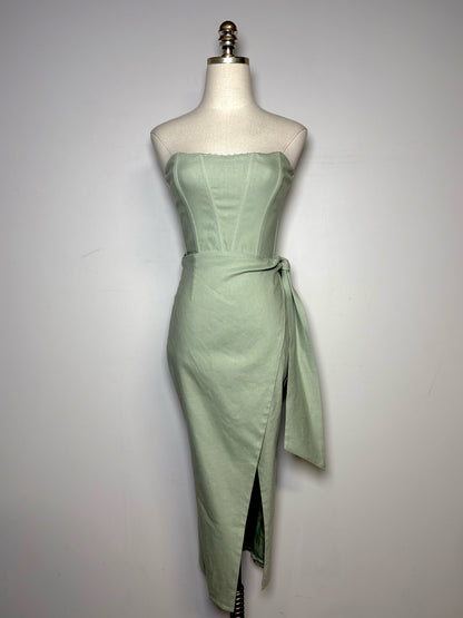 Women Size 2 (S) V. Chapman Liliana Sage Green Linen Blend Midi Dress