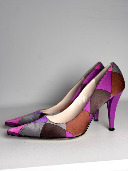 W Shoe Size 36 Emilio Pucci Multicolor Pure Silk Cowhide Vintage Pre-owned Heels