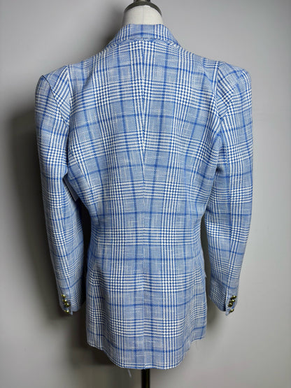 Women Size 10 Smythe Blue, White Plaid Cotton/Linen Pre-owned Jacket
