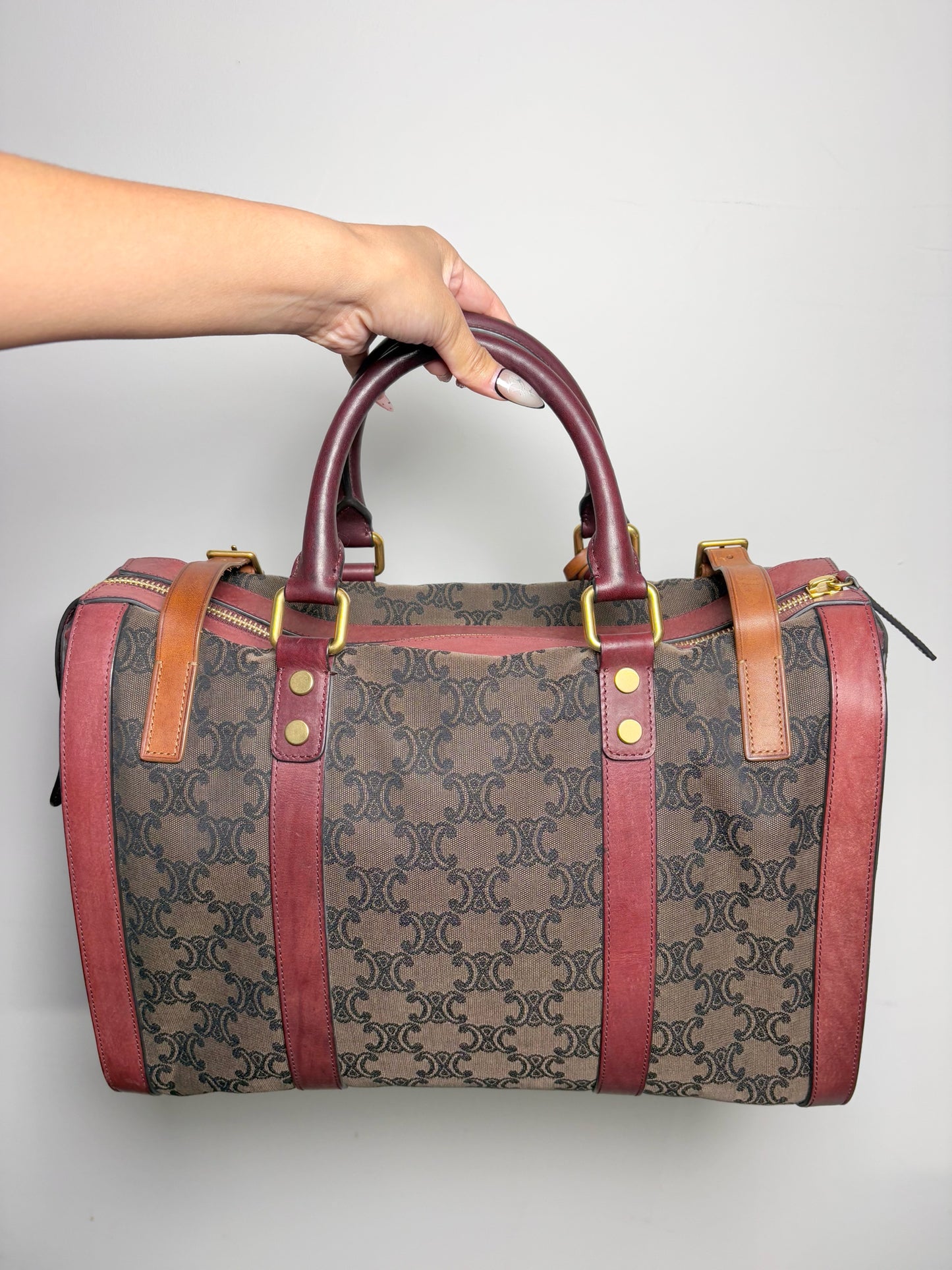 Celine Monogram Vintage Canvas, Leather Burgundy Vintage Tote