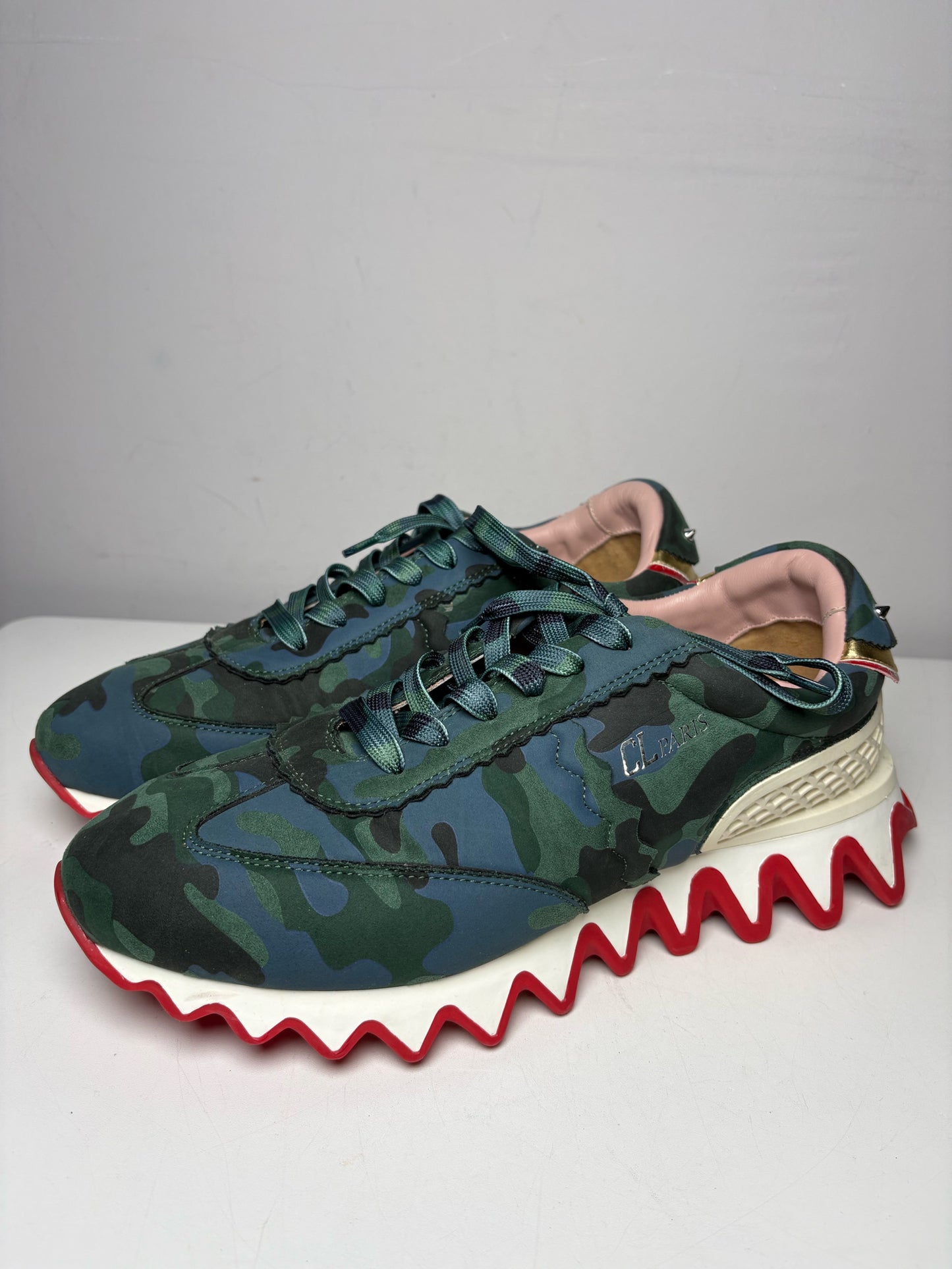 Men Size 44 Christian Louboutin Loubishark Green Camouflage Pre-Owned Authentic Sneakers