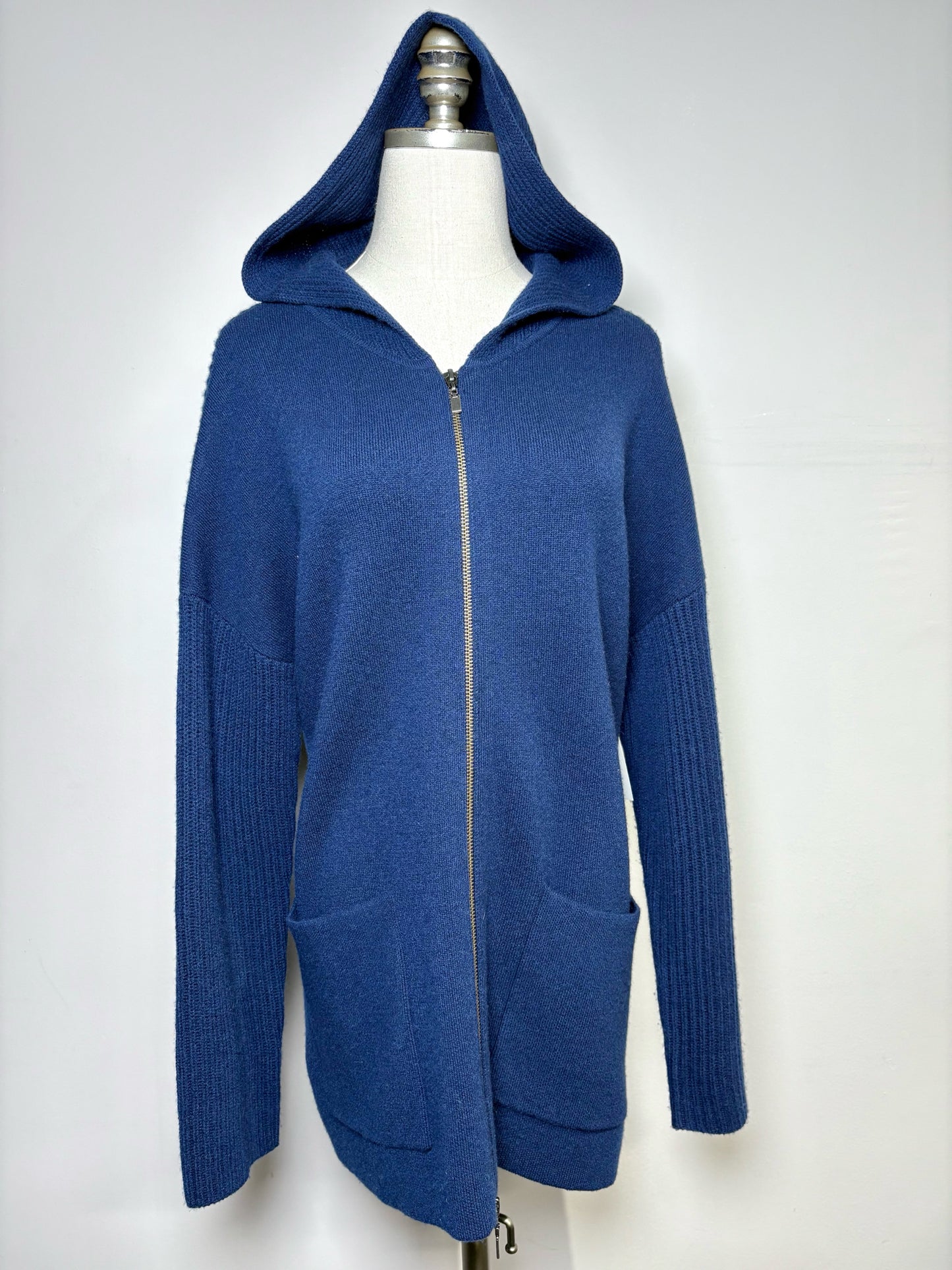 Women Size M Kinross Navy Blue Ribbed Zip Front Hoodie Cashmere Sweater