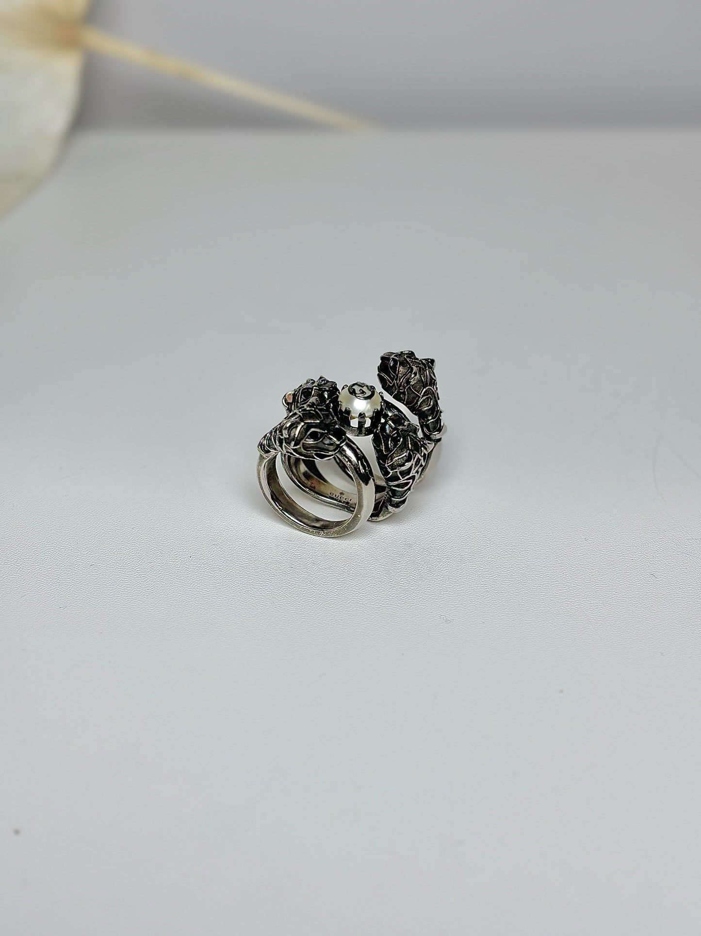 Sterling Silver Gucci Pearl Tiger Coil Wrap Black 6.5 Ring