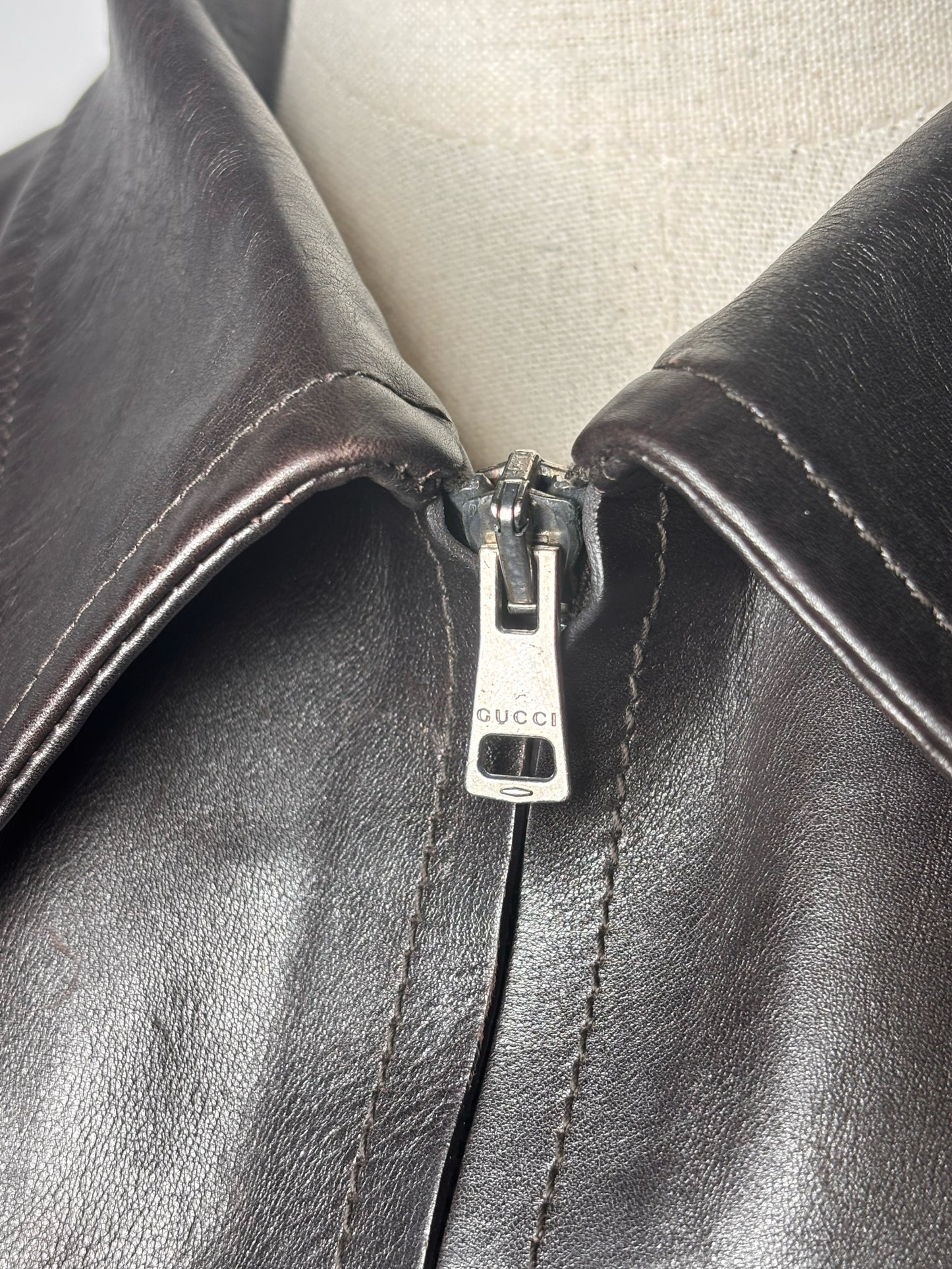 Gucci Black (Almost Brown) Leather Solid Men's 50 (L) Pre-owned, Rare Jacket