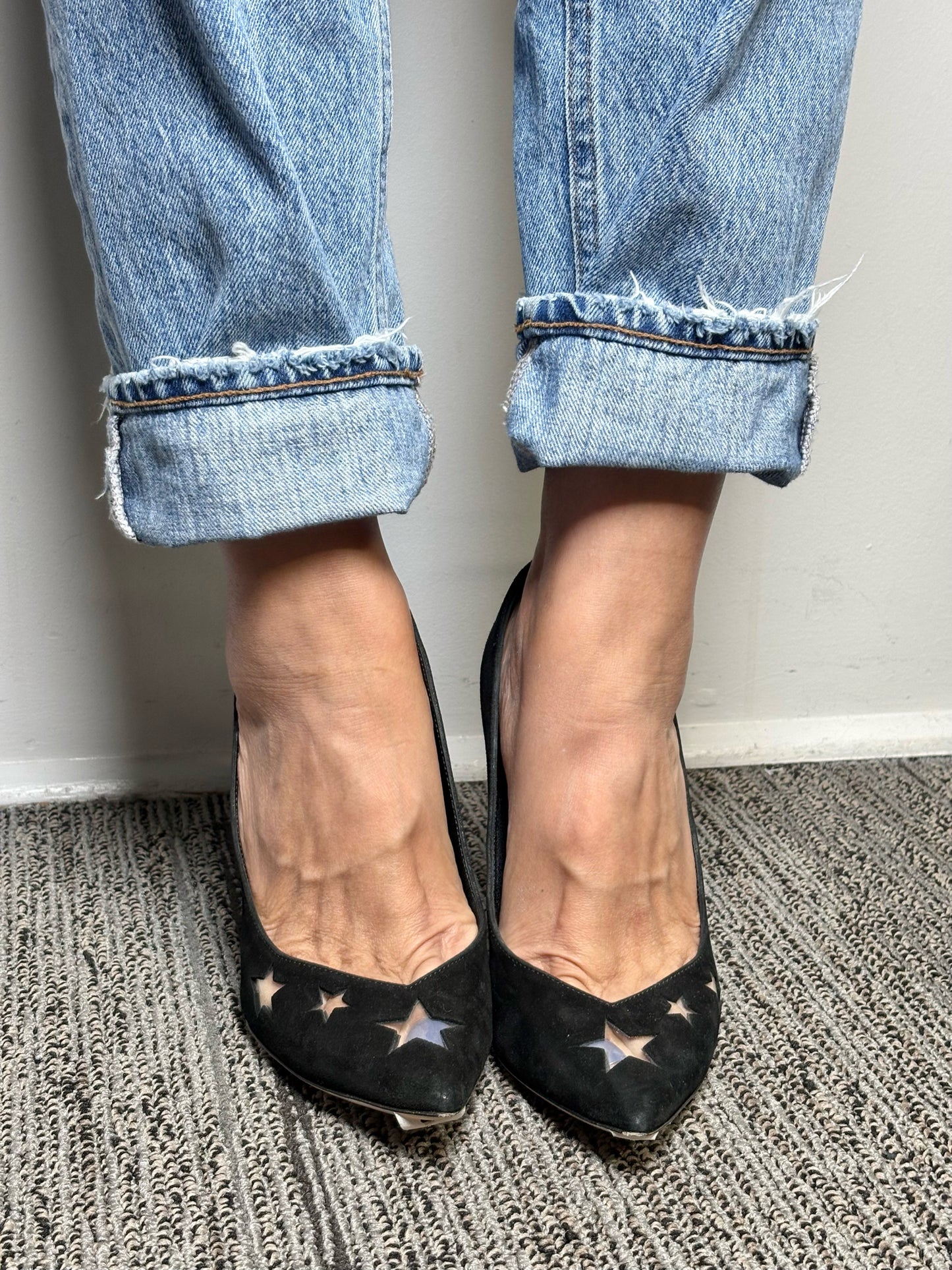 W Shoe Size 37.5 (7 US) Tamara Mellon PVC Stars Black Suede Pre-owned Heels