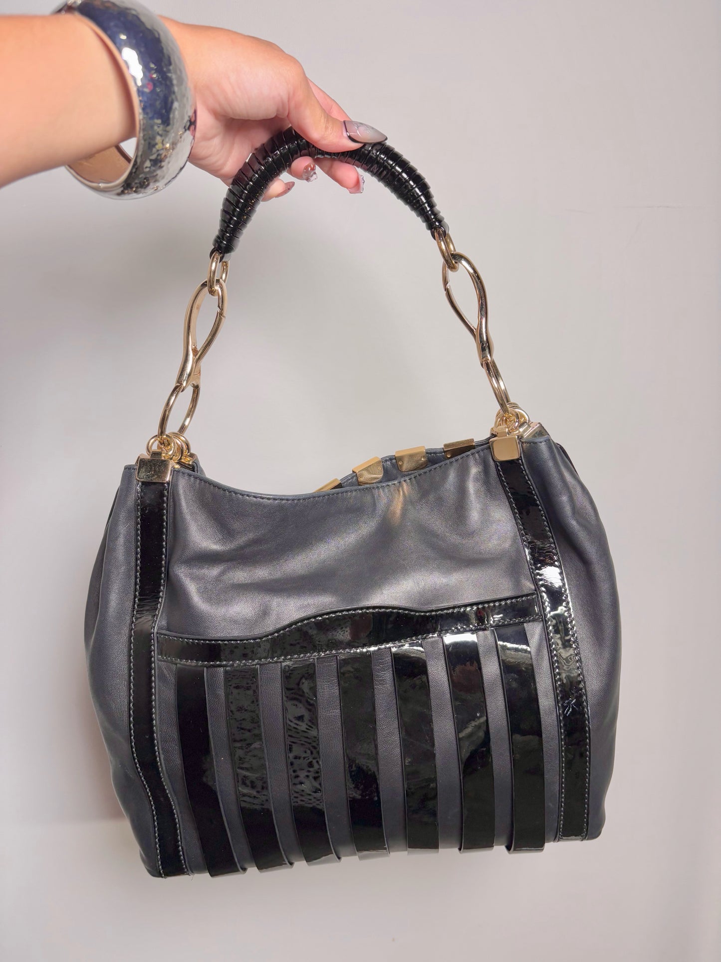 Patent Leather Versace Stripe Vintage Black & Gold Large Purse