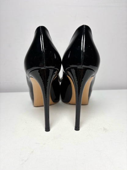 Women's Shoe Size 7 Salvatore Ferragamo Vara Black Patent Leather Pre-Owned Peep Toe Bow Pumps