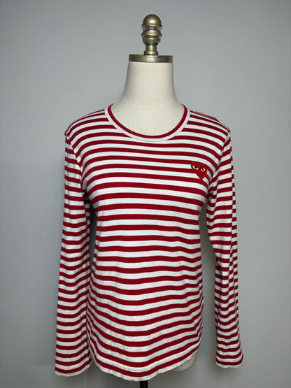 Women Size S Comme des Garçons Red & White Striped Pure Cotton Pre-Owned Heart Patch Shirt
