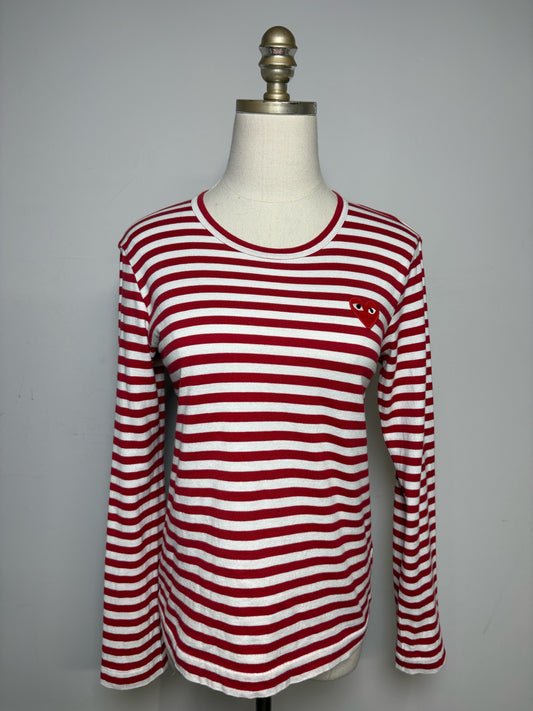 Women Size S Comme des Garçons Red & White Striped Pure Cotton Pre-Owned Heart Patch Shirt