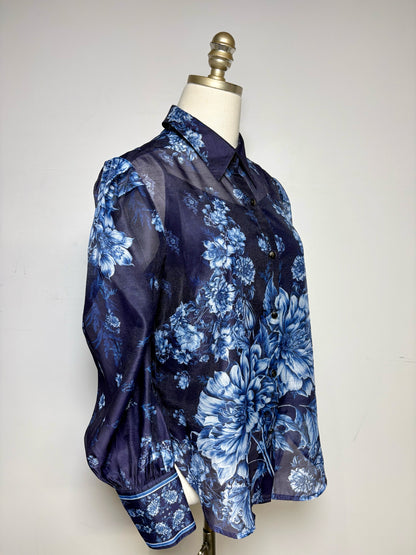 Size 12 Karen Millen Navy Blue & White Floral Women's Polyester Pre-owned Top