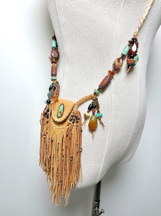 No Label Native American Leather, Camel  Fringe, Turquoise, Jasper Purse
