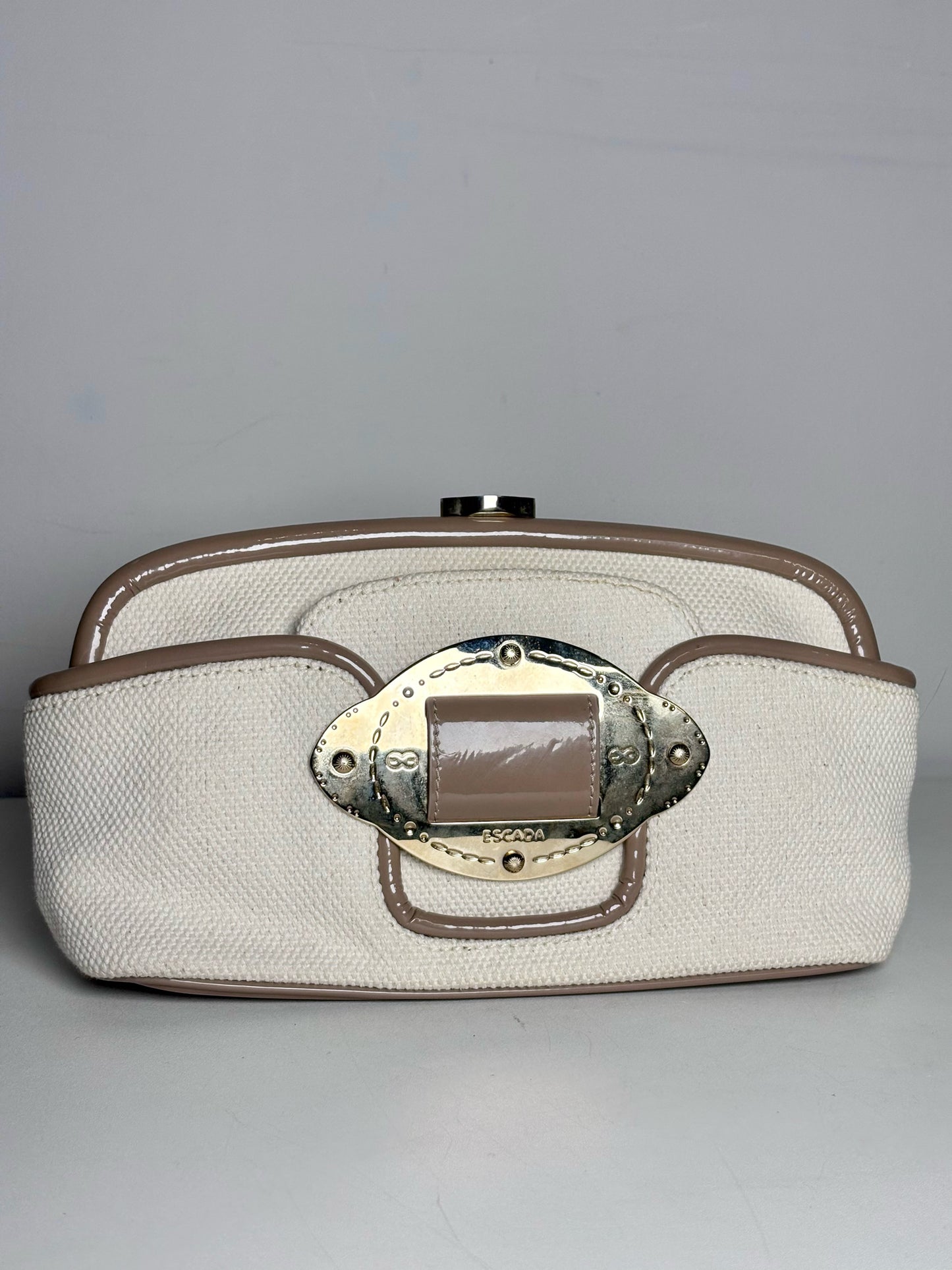 Escada Woven Canvas Pre-owned, NWT Tan, beige Patent Clutch Purse