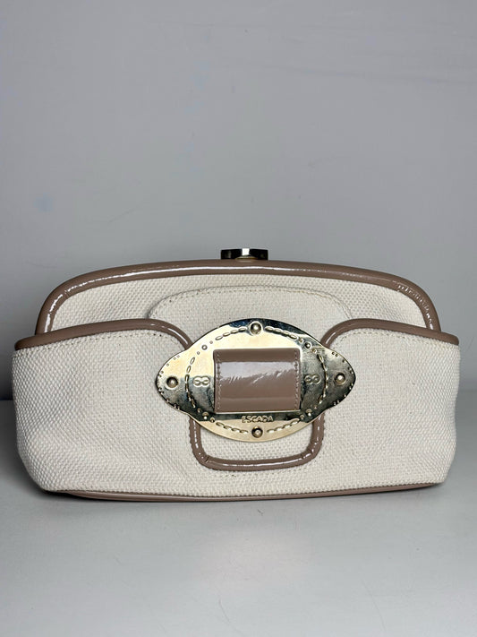 Escada Woven Canvas Pre-owned, NWT Tan, beige Patent Clutch Purse