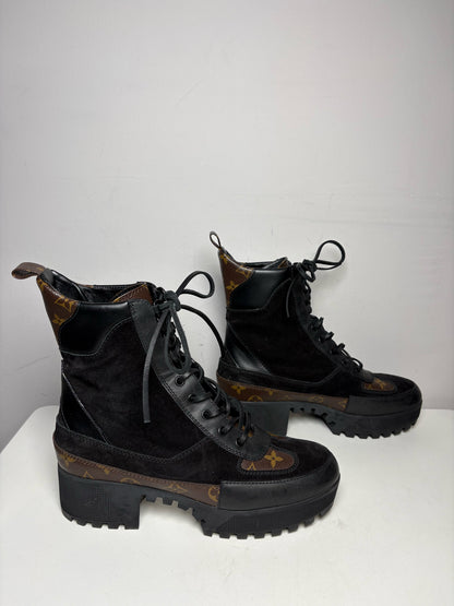 Women's Shoe Size 42 Authentic Louis Vuitton Laureate Black & Brown Leather Suede Pre-Owned Platform Desert Boots