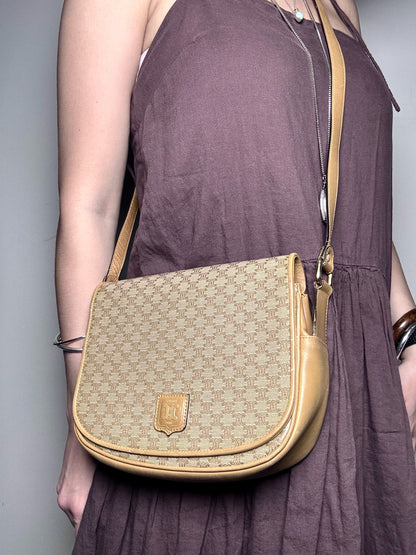 Celine Monogram Vintage Coated Canvas, Leather Pre-owned Beige Saddle Bag