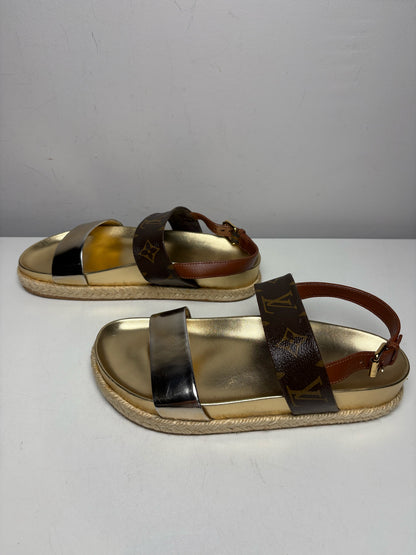 Women's Shoe Size 37 Louis Vuitton Odyssey Gold Brown Leather Authentic Pre-Owned Espadrille Sandals