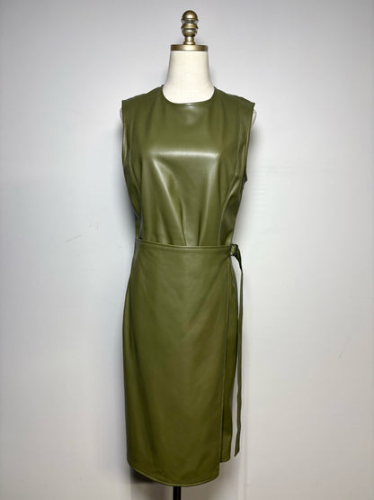 Women Size 10 Deveaux New York Olive Green Faux Leather Pre-Owned Midi Dress