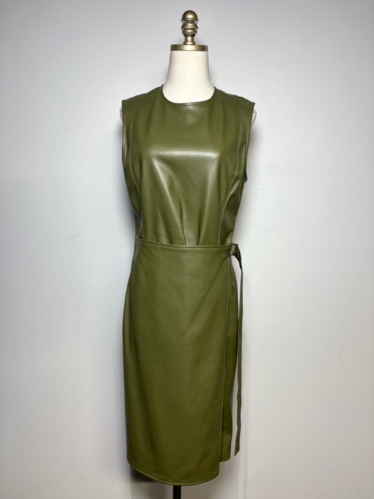 Women Size 10 Deveaux New York Olive Green Faux Leather Pre-Owned Midi Dress