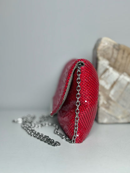 BCBG Max Azria Red Dots Vintage Metal Pre-owned Clutch Cocktail Purse