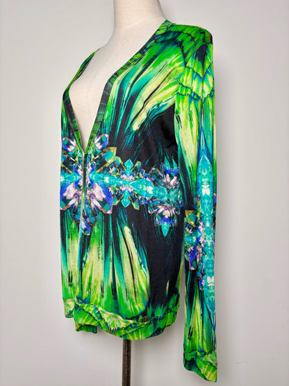 Women Size 46 (10, US) Roberto Cavalli Green, Black, Purple Jewels Print Sweater